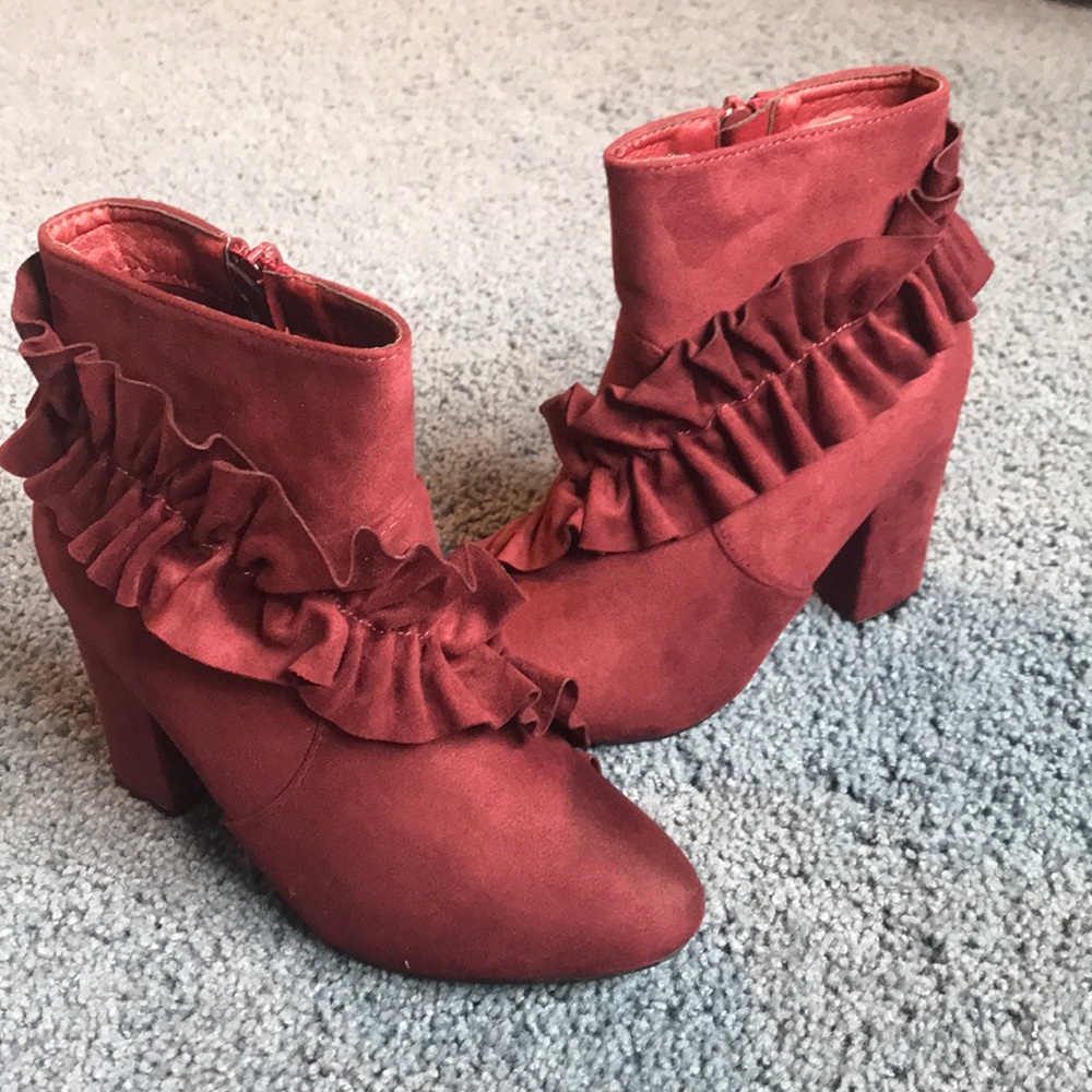 Maroon Ruffle Boots - NEVER WORN